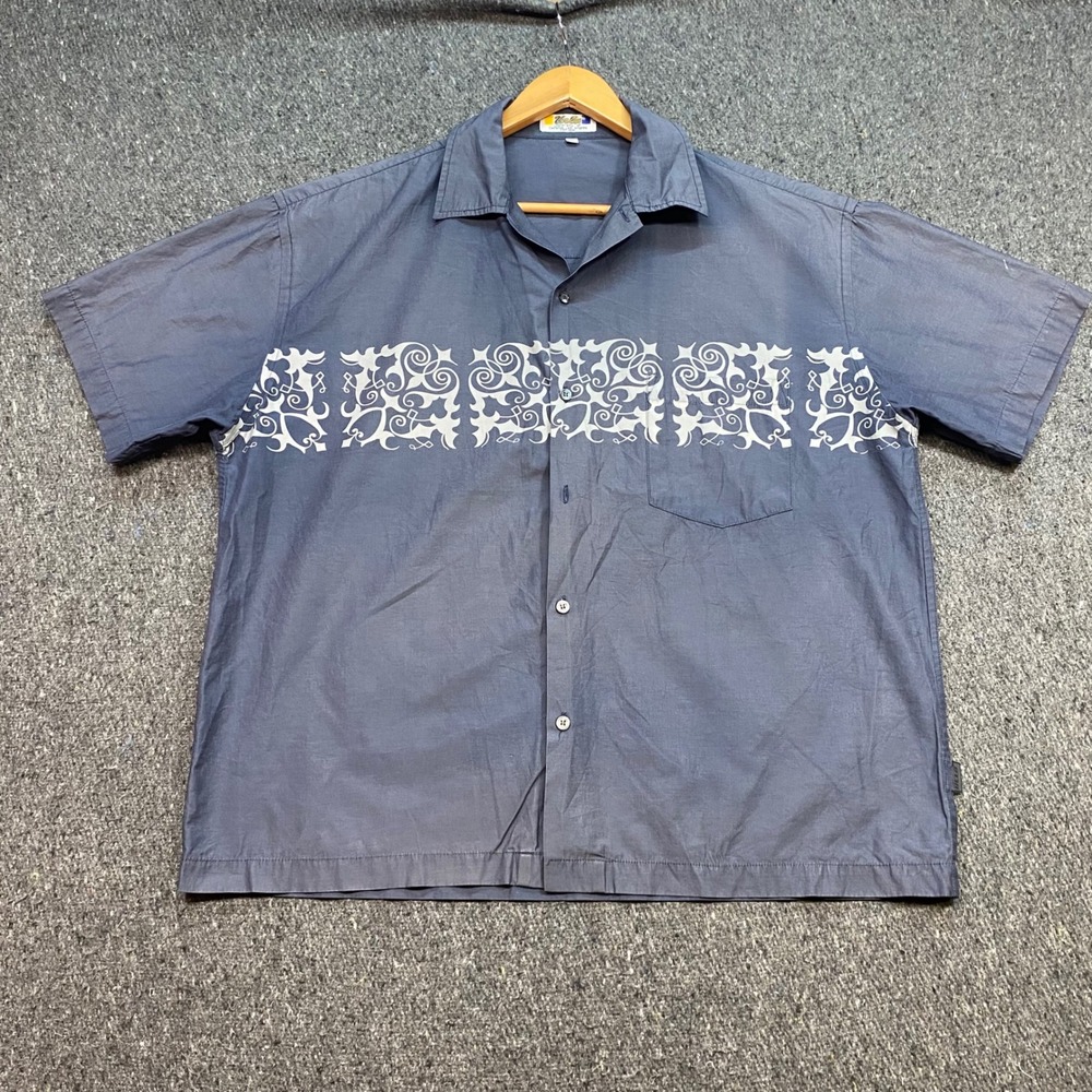 UCLA Button Down Shirt Sz L Men Blue Skater Tribal Graphic Short Sleeve Collared